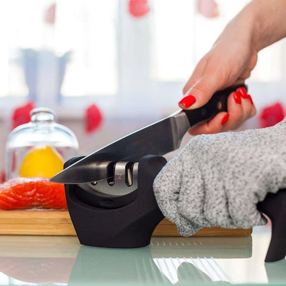 Sharpened kitchen knife beside the ProEdge sharpener