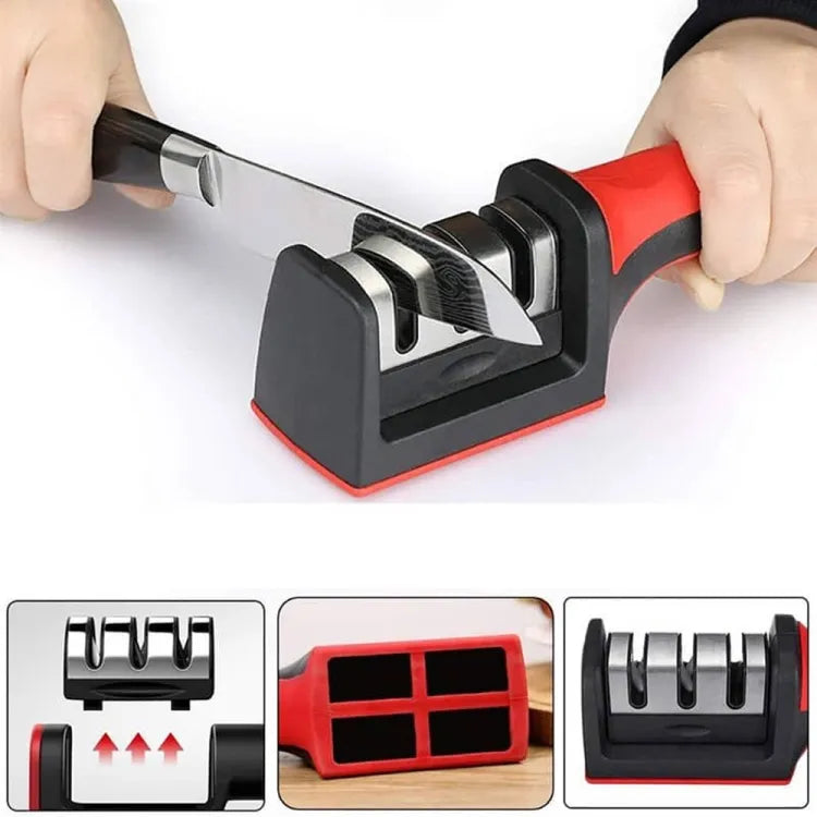 Knife being drawn through the sharpener slots