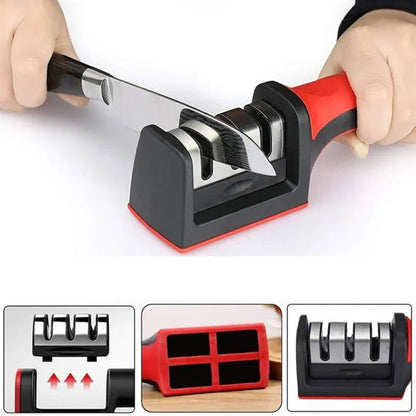 Knife being drawn through the sharpener slots