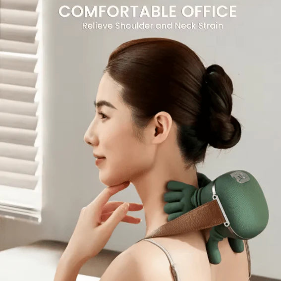 Shoulder massager arm straps in use